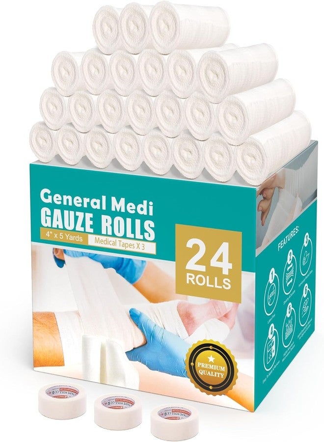 General Medi Conforming Bandage, 24 Pack Gauze Bandage Rolls with Bonus 3 x Medical Tape (4” x 5 Yards Stretched) - Image 1